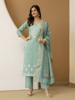 Trendmalls - Green Thread Work Kurta with Pant and Dupatta