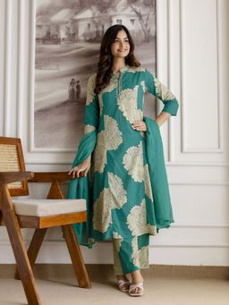 Trendmalls - Green Abstract Kurta with Pant and Dupatta