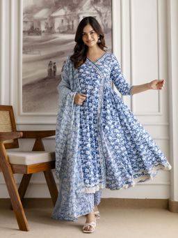 Trendmalls - Blue Embroidered Angrakha Kurta with Pant and Dupatta
