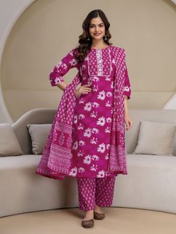 Trendmalls - Pink Floral Print Kurta with Pant and Dupatta
