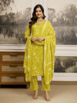 Trendmalls - Yellow Floral Print Kurta with Pant and Dupatta