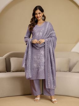 Trendmalls - Embroidered Purple Kurta with Pant and Dupatta