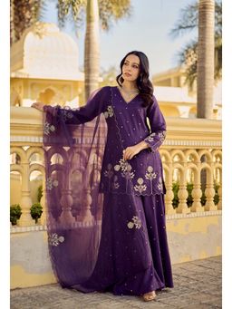 Ekta Textiles - Purple Embroidered Chanderi Silk Kurta with Palazzo and Dupatta