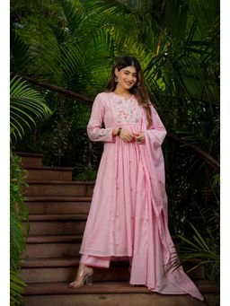 Ekta Textiles - Pink Lustrous Chanderi Silk Flared Kurta with Pant and Dupatta