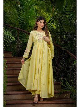 Ekta Textiles - Yellow Lustrous Chanderi Silk Flared Kurta with Pant and Dupatta