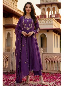 Ekta Textiles - Purple Embroidered Chanderi Silk Flared Kurta with Pant and Dupatta