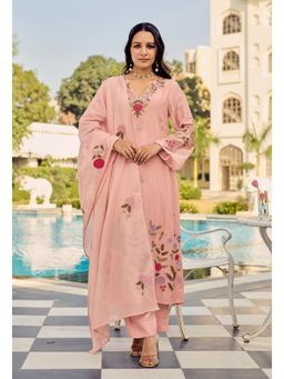 Ekta Textiles - Peach Embroidered Chanderi Silk Kurta with Pant and Dupatta