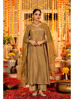 Ekta Textiles - Gold Shimmer Chanderi Silk Embroidered Kurta with Pant and Dupatta