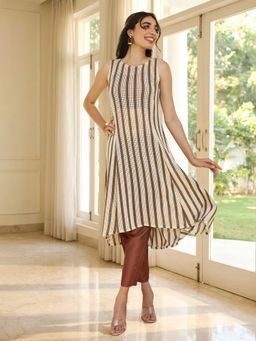 Qissa - Brown Striped Asymmetric High-Low Kurta with Crop Top and Pant
