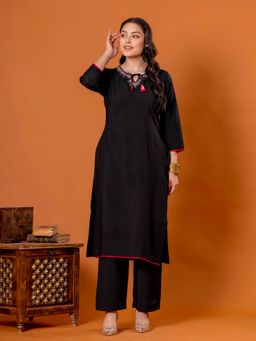 ARAMYA - Black Poly Chanderi Embroidered Kurta with Pant