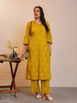 ARAMYA - Mustard Slub Cotton Floral Print Kurta with Pant