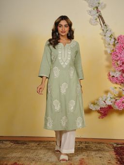 ARAMYA - Green Slub Cotton Solid Kurta with Pant