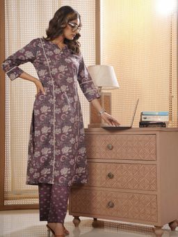 ARAMYA - Mauve Soft Cotton Floral Print Kurta with Pant