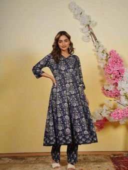 ARAMYA - Navy Blue Soft Cotton Anarkali Floral Print Kurta with Pant