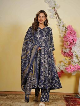 ARAMYA - Navy Blue Soft Cotton Floral Print Kurta with Pant and Dupatta