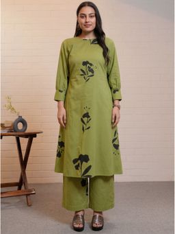 ARAMYA - Green Soft Cotton Floral Print Kurta with Pant