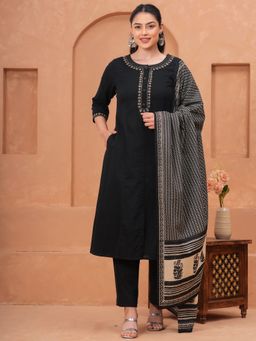 ARAMYA - Black Linen Cotton Kurta with Pant and Dupatta