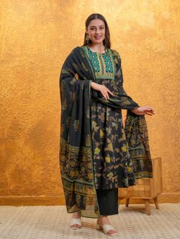 ARAMYA - Black Soft Cotton Floral Print Kurta with Pant and Dupatta