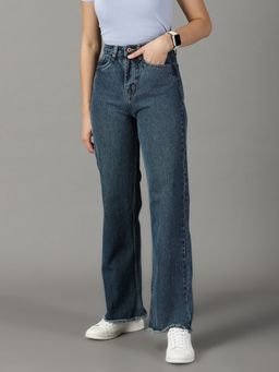 SHOWOFFFF - Women's Stretchable Clean Look Blue Wide Leg Jeans