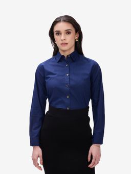 Strong And Brave - Women Comfort Fit Solid Spread Collar Pure Cotton Navy Blue Casual Shirt