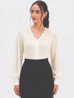 Strong And Brave - Cream Solid Polyester Regular Top