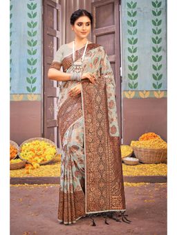 Sangam Prints - Grey Cotton Woven Zari Work Traditional Tassel Saree with Unstitched Blouse