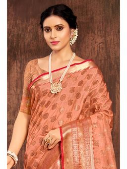 Sangam Prints - Peach Cotton Woven Zari Work Traditional Saree with Unstitched Blouse