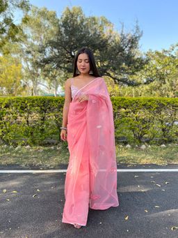 Odette - Pink Organza Embroidered Saree with Unstitched Blouse