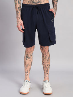Griffel - Men Solid Navy Blue Cotton Fabric with 4 Box Pockets Shorts