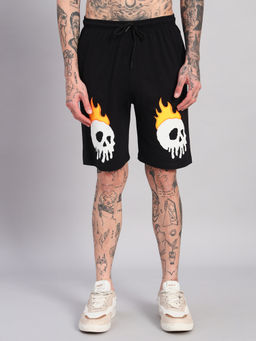 Griffel - Men Printed Black Cotton Fabric with 2 Box Pockets Shorts