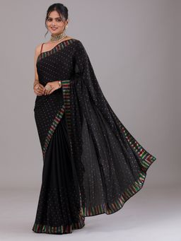Koskii - Black Swarovski Semi Crepe Saree with Unstitched Blouse
