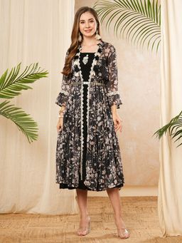 FASHOR - Solid Pearl Embellished Dress with Long Jacket with Belt - Black (Set of 3)