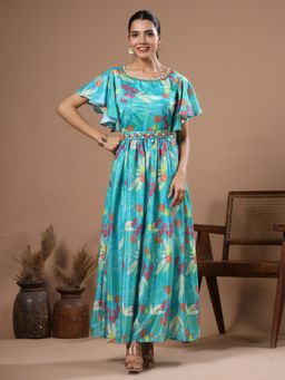 FASHOR - Printed Embroidered Maxi Dress with Waist Belt - Blue (Set of 2)