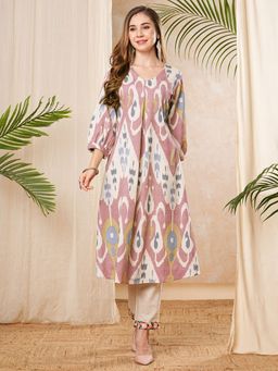 FASHOR - Ethnic Ikat Printed Pleated Flared Kurta - Mauve