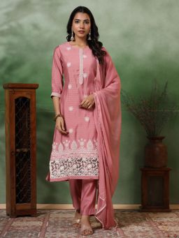 FASHOR - Ethnic Embroidered Kurta with Pants and Dupatta - Rose (Set of 3)
