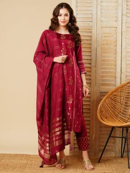 FASHOR - Floral Embroidered Kurta with Pant and Dupatta - Wine (Set of 3)