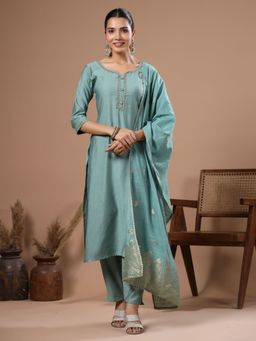 FASHOR - Solid Embroidered Kurta with Pants and Dupatta - Green (Set of 3)