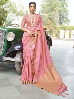 Akhilam - Women Silk Blend Pink Woven Design Handloom Saree with Blouse Piece