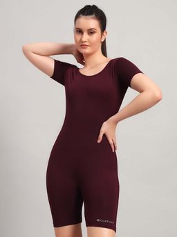 CLOTHWIK - Wine Solid Fitted Fit Bodysuit