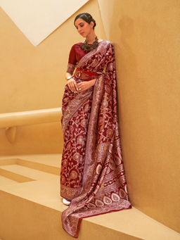Odette - Festive Maroon Silk Blend Woven Saree with Unstitched Blouse