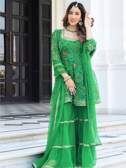 Lavanya The Label - Green Bandhni Print Kurta And Sharara Set (Set of 3)