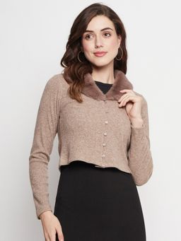 Madame - Women Beige Collar Neck Crop Top