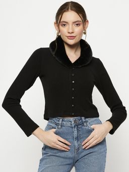 Madame - Women Black Collar Neck Crop Top