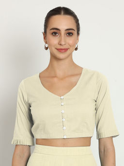 Thevasa - Off White Classic Charm Slope Neck Stitched Blouse