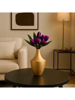 Voncasa - Gold Toned Matte-Finished Surahi-Shaped Metal Big Flower Vase