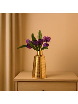 Voncasa - Gold Toned Iron Ribbed Design Flower Vase