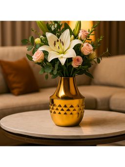 Voncasa - Gold Toned Shiny & Diamond Pattern Metal Gourd-Shaped Flower Vase