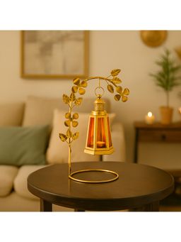 Voncasa - Hanging T-Lite Lantern with Leaf Stand (Golden & Red)