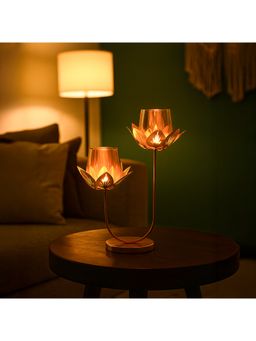 Voncasa - Golden Lotus Glow Metal & Glass T-Light Candle Holder