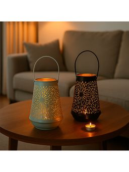 Voncasa - Black (Pack of 2) Turquoise & Black T-Lite Holders Rays Etching Design Candle Holder